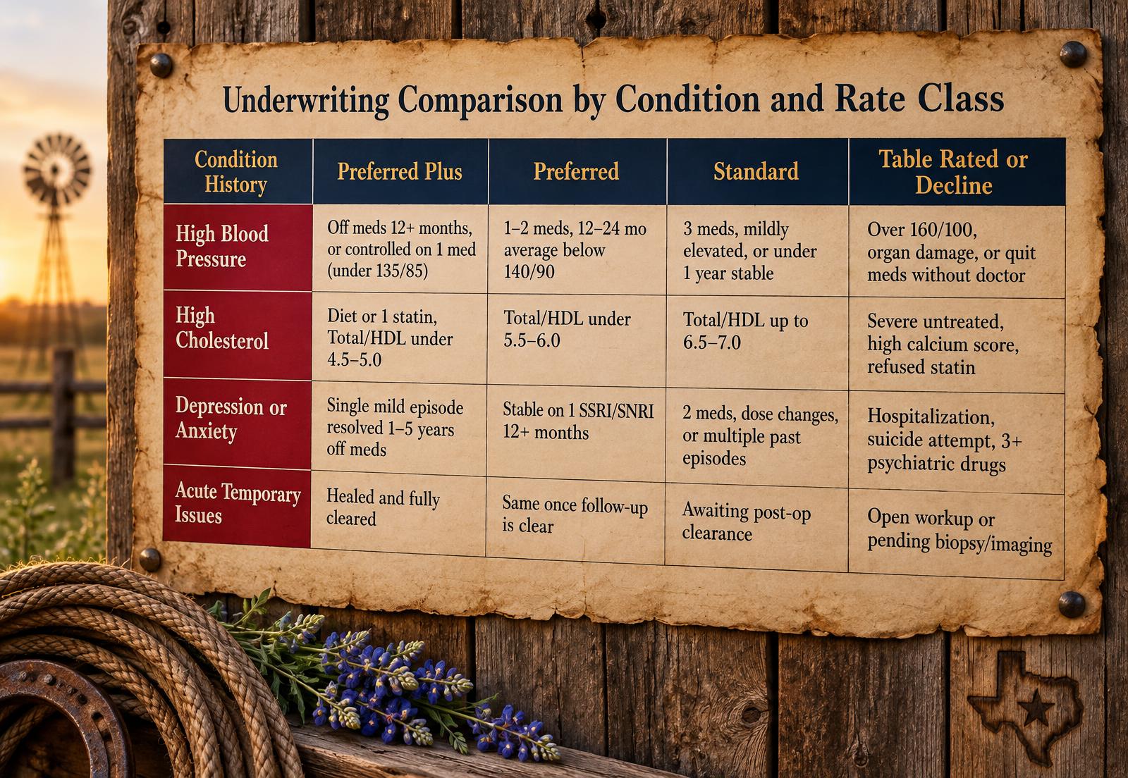Underwriting comparison by condition and rate class: high blood pressure, high cholesterol, depression or anxiety, and acute temporary issues across Preferred Plus, Preferred, Standard, and Table Rated or Decline.